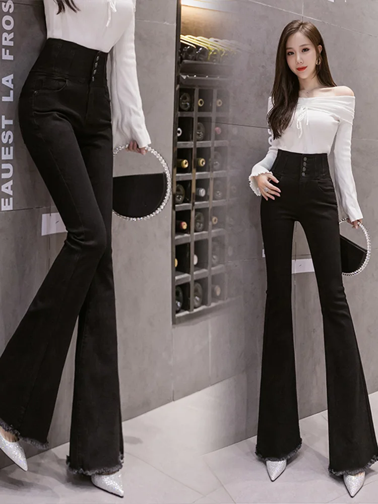 

Fashion Women's Jeans 2022 Autumn New High Waist Slimming Tight-breasted Raw Edge Stretch Flared Trousers Korean Women Clothing