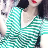 2022 women tees striped print vintage shirts office ladies v neck summer top female classic soft streetwear fashion tops a71