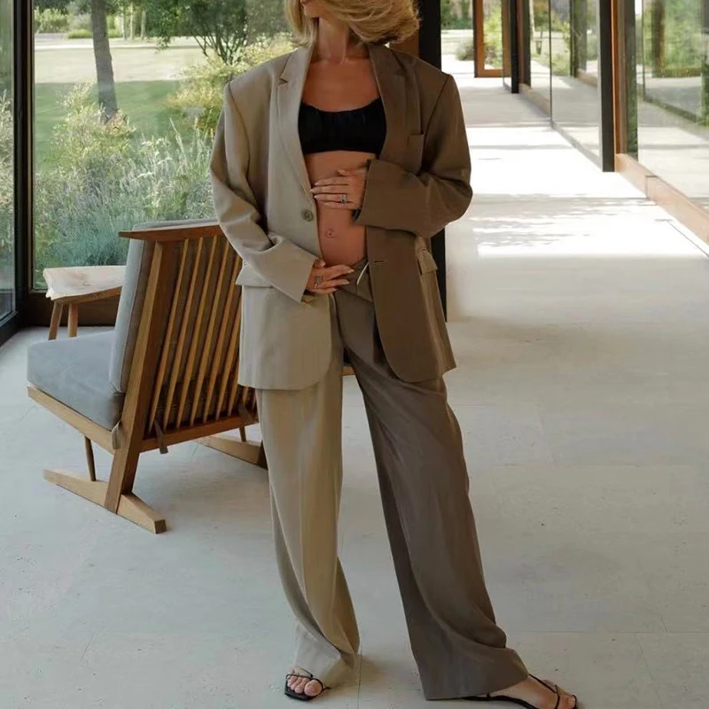 Elegant Women Notch Collar Long Sleeve Jackets&ampTrousers Suit Group Of Pant Set Fashion Contract Color Slim Blazer Work Outfits