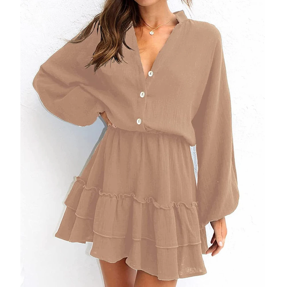 

Платье Wepbel женское с V-образным вырезом, повседневное однотонное мини-платье с рюшами, на пуговицах, с длинным рукавом-фонариком, с завышенной талией, на лето