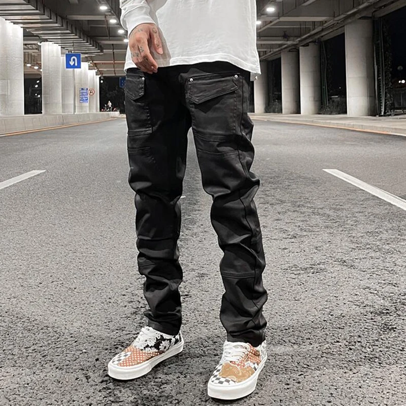 Men's Jeans American High Street Slim Fit Small Feet Coated Black Casual Jeans Men's and Women's Pants Y2k Pants Ins Hot Sale