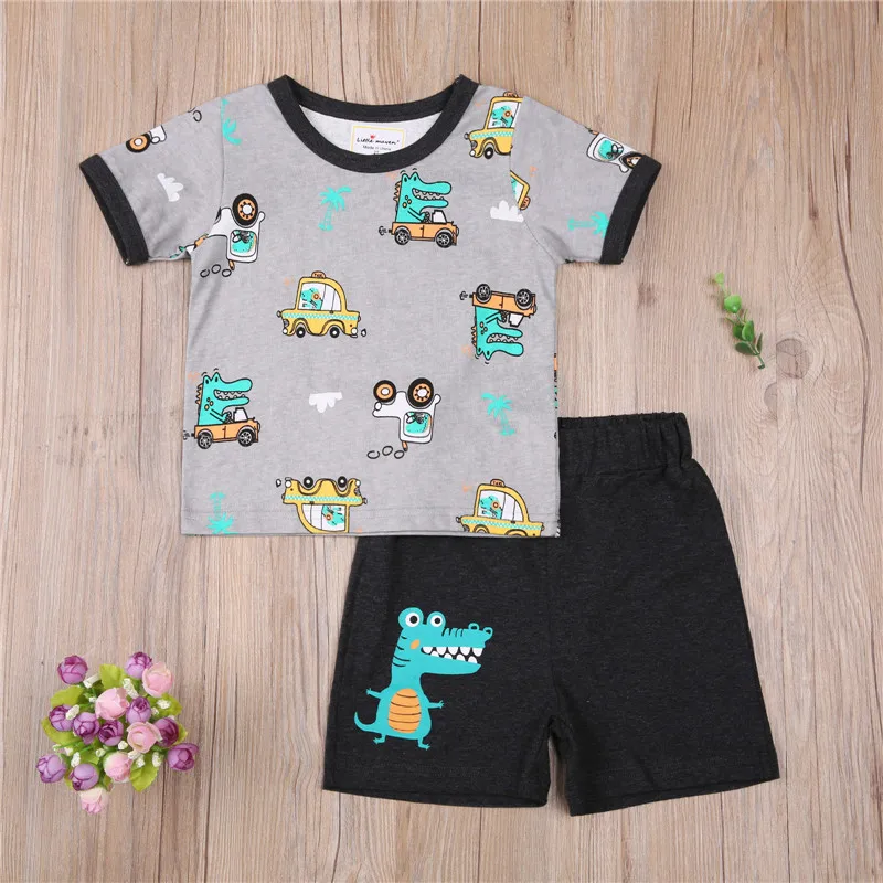 

Kids Boys 2-piece Outfit Set Short Sleeve Cartoon Car Print Tops+Shorts Set for Children Boys