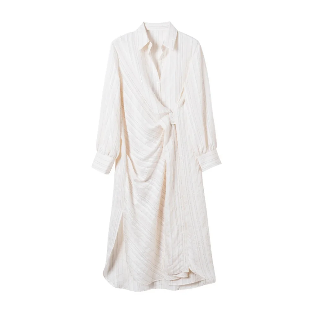 

Весенняя и осенняя женская одежда 2023 новый список V воротник леди платье полосатый досуг большой код женской рубашки OL одежда