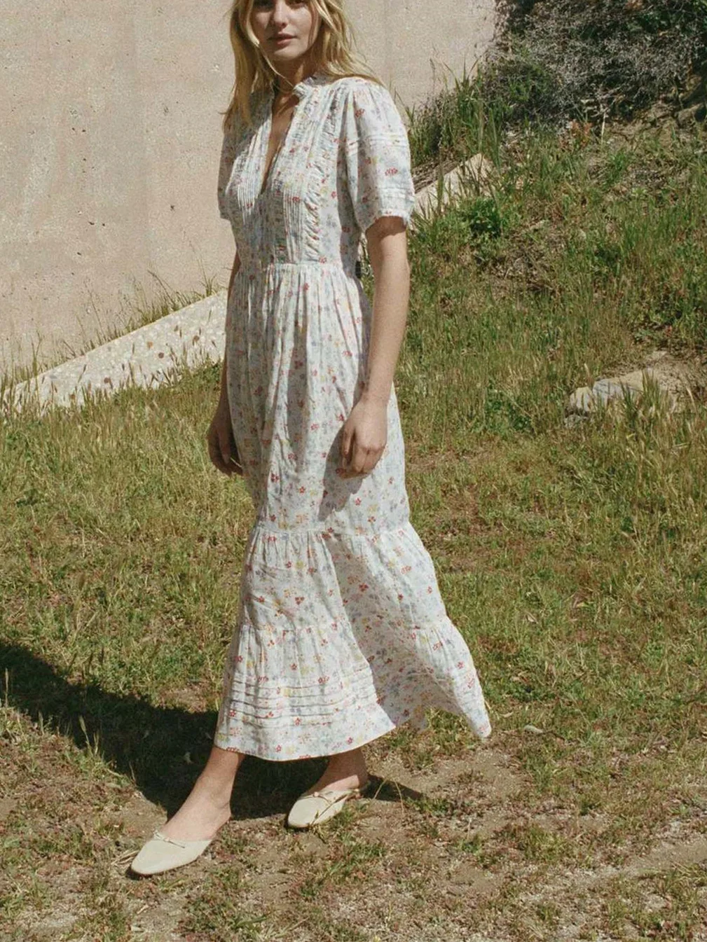 

Women Floral Print Ruffled Collar Front Buttons Short Sleeve Elegant Midi Dress