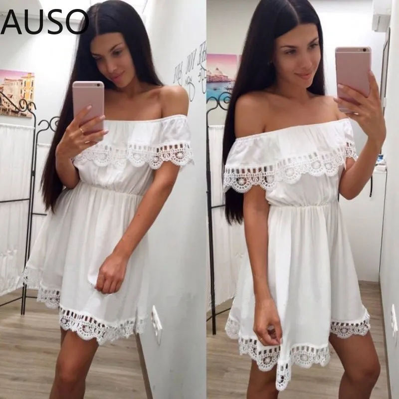 

Fashion Women Elegant Vintage Sweet Lace White Dress Stylish Sexy Slash Neck Casual Slim Beach Summer Sundress Female vestidos