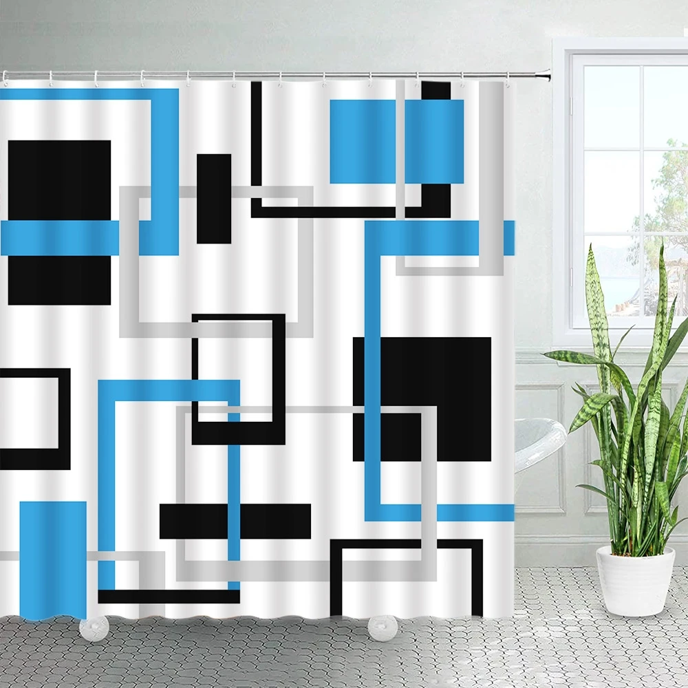 

Creative Geometric Shower Curtains Blue Black Gray Line Square Modern Minimalist Waterproof Fabric Bathroom Decor Set with Hooks
