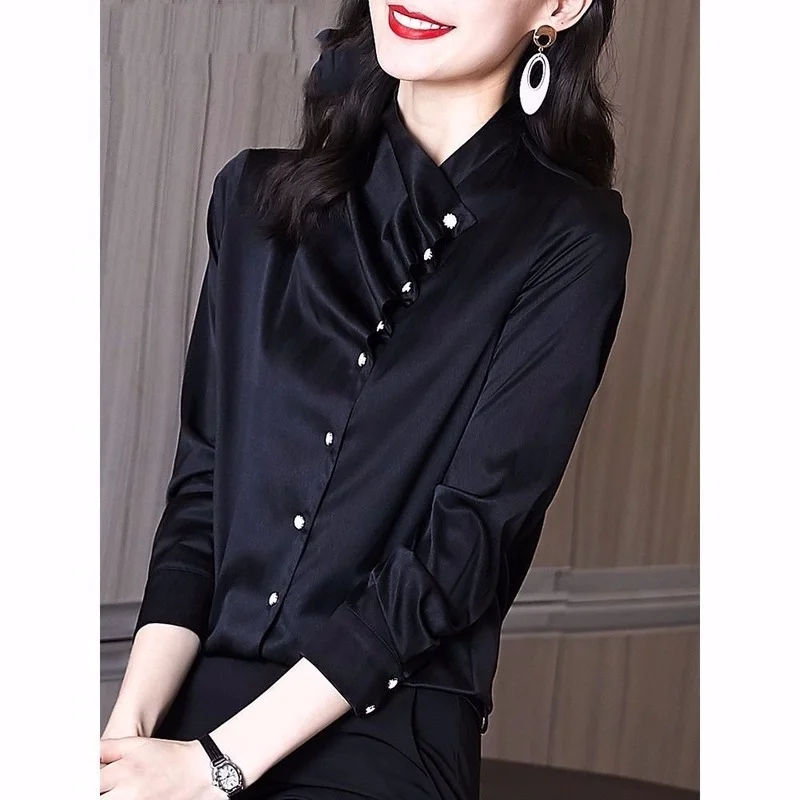 

Female solid blouse 2022 new spring high-end light niche Chic upper clothes small mitigation silk shirt clotheswomen's top