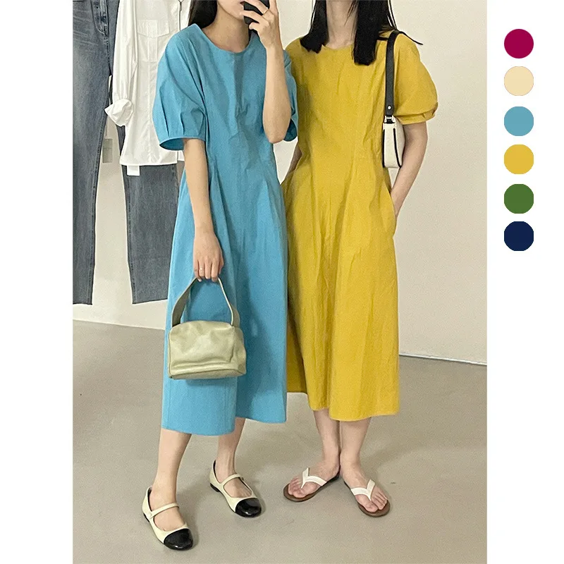 

Candy Color Jelly Yellow Blue Puff Sleeves Women Long Dress O-Neck Cotton Y2k Lady Ball Gown Dresses Vestidos