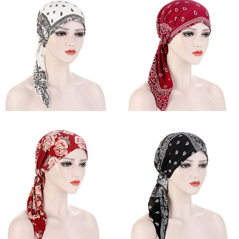 Elegant Floral Headscarf Fashion Printed Women Inner Hijab Caps Muslim Cap Chemo Bonnet Solid Color Head Wraps Ladies Headwear