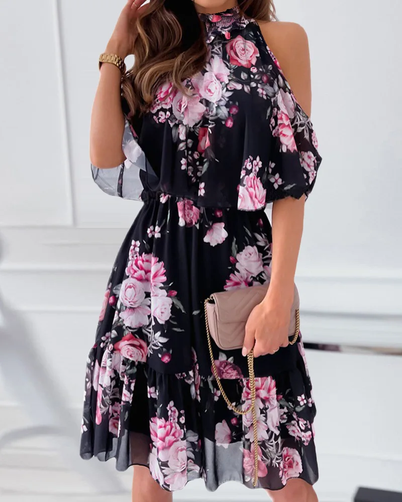 

Женское платье до колена с открытыми плечами и высокой талией, повседневное свободное платье с рукавом до локтя и оборками, весна-лето 2022