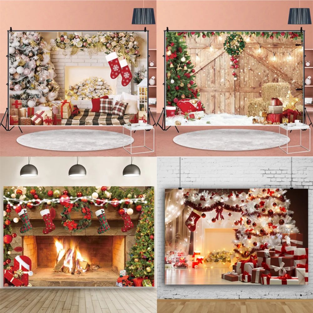 

Merry Christmas Background Cloth Indoor Scene Fireplace New Year Xmas Party Backdrop Decorations Photography Props Supplies