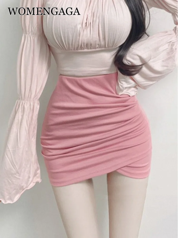 

Розовая персиковая юбка с перекрестным плиссированным подолом, облегающая тонкая юбка с запахом на бедре, новинка 2022, эластичная Сексуальная Милая женская юбка SCL7
