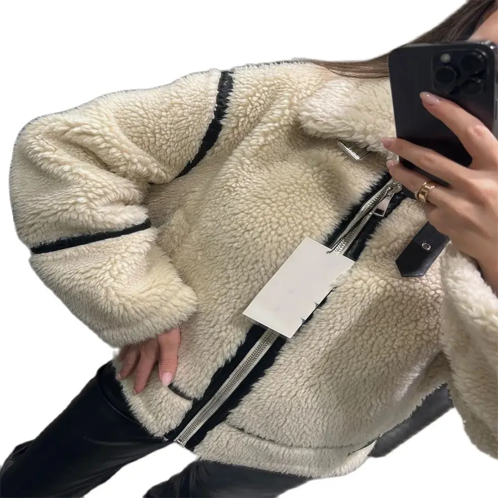 

Winter Fashion Europe-USA Style Outerwear Women Stand Collar Splicing Zipper Thicken Warm Lamb Wool Jacket