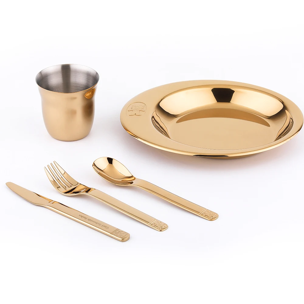Copper Tableware Set for Kids,5 pcs Cutlery Sets with Fork Knife Spoon Plate Cup,Antibacterial 304 Stainless Steel Dinnerware