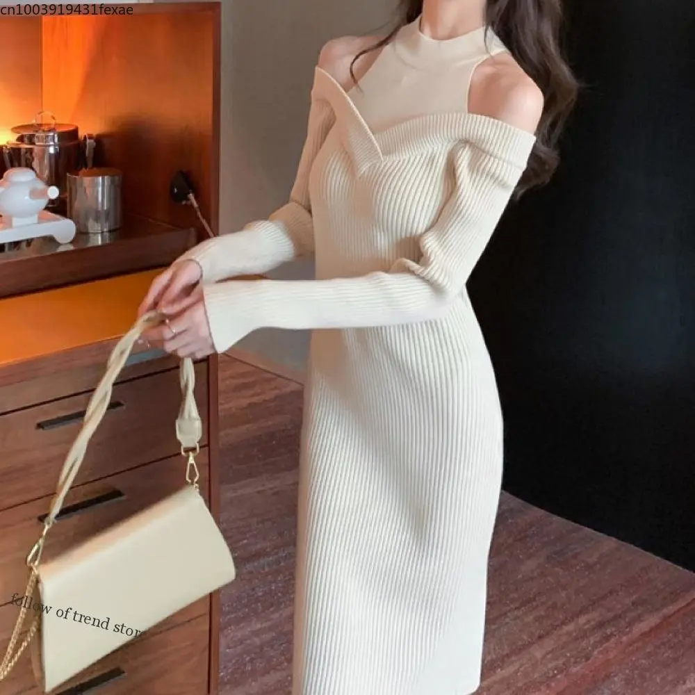 

Autumn Winter Women Robes Turtleneck Sexy Tulle Off Shoulder Softable Knitted Sweater Dresses Knee Length Vestidos Women Sexy