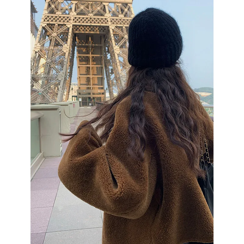 Winter New V-neck Short Lamb Coat