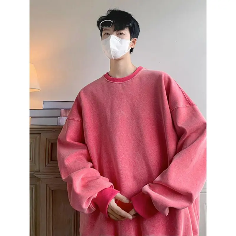 

Свитшот мужской с эффектом потертости, худи в готическом Корейском стиле, повседневная одежда оверсайз для пар, однотонные пуловеры в стиле хип-хоп, осень