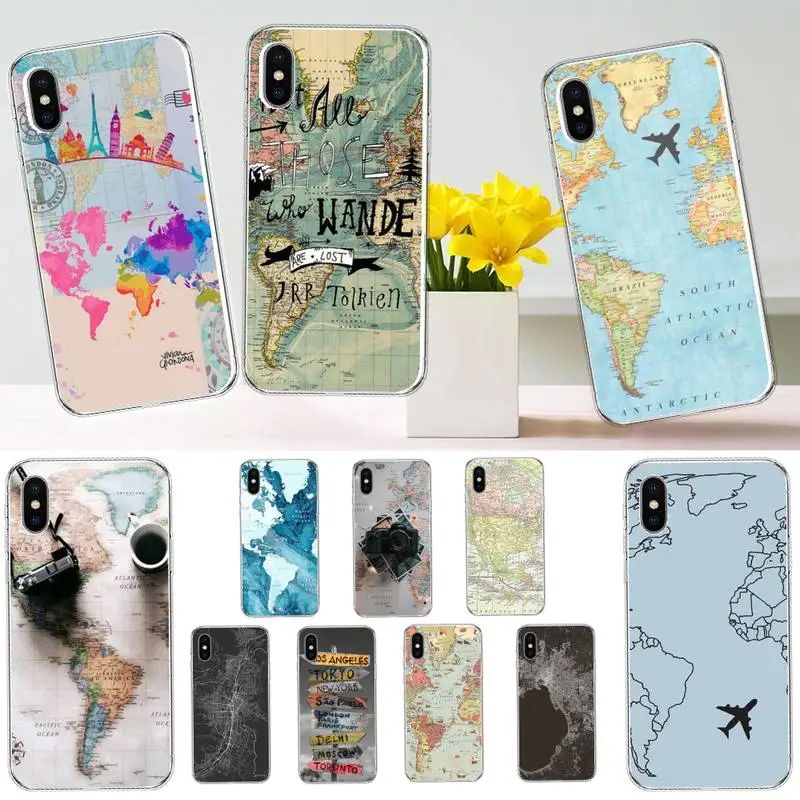 

World Map Travel Phone Case Transparent soft For iphone 12 11 13 7 8 6 s plus x xs xr pro max mini