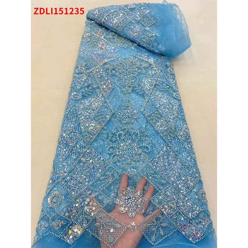 

French Lace Eco-Friendly Fabric Distinctive ​Nigeria Net Tulle With sequinces and Beaded For Women Sewing Clothes ZDLI51235