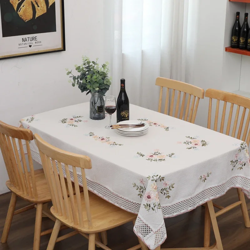 

Europe Flowers Tablecloth White Hollow Lace Cotton Linen Dustproof Table cloth Wedding Banquet Cloth embroidered tablecloth