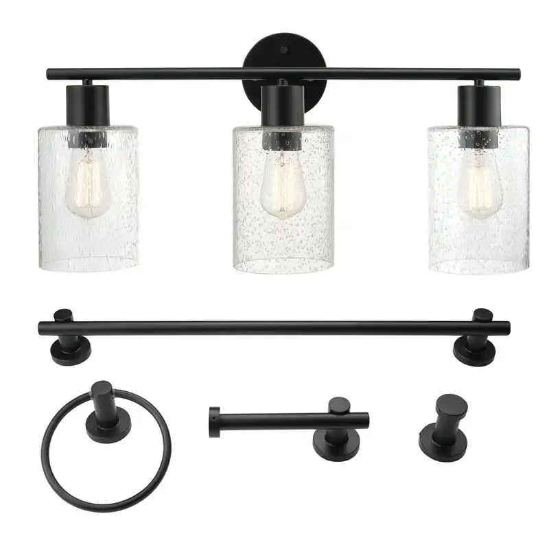 

5-Piece All-In-One Bathroom Set, Matte Black, 3-Light Vanity Light with Seeded Glass Shades, Towel , Towel , Robe Hook, Toilet P