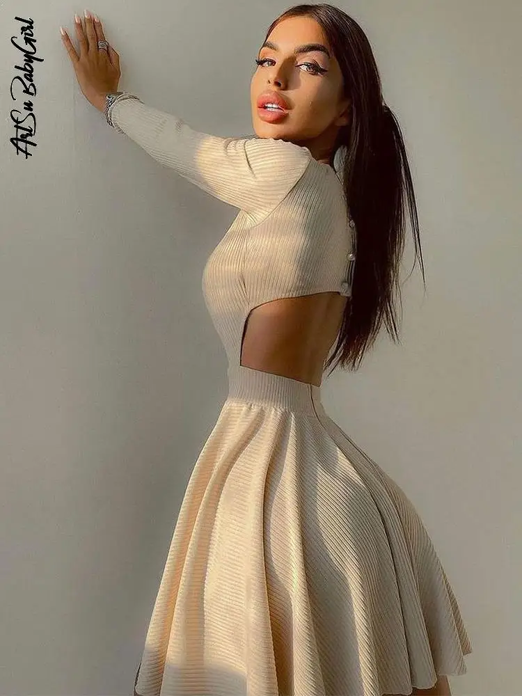 

Long Sleeve Dress Pleated Party Dress Black Bodycon Dress Autumn Winter Cut Out Streetwear Chrismas Clothes Backless Mini Dress