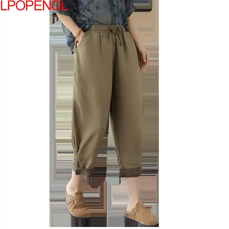 Summer 2023 New Solid Color Cotton And Linen Casual Pants Ladies All-match Elastic Waist Drawstring Harem Pants Cropped Pants