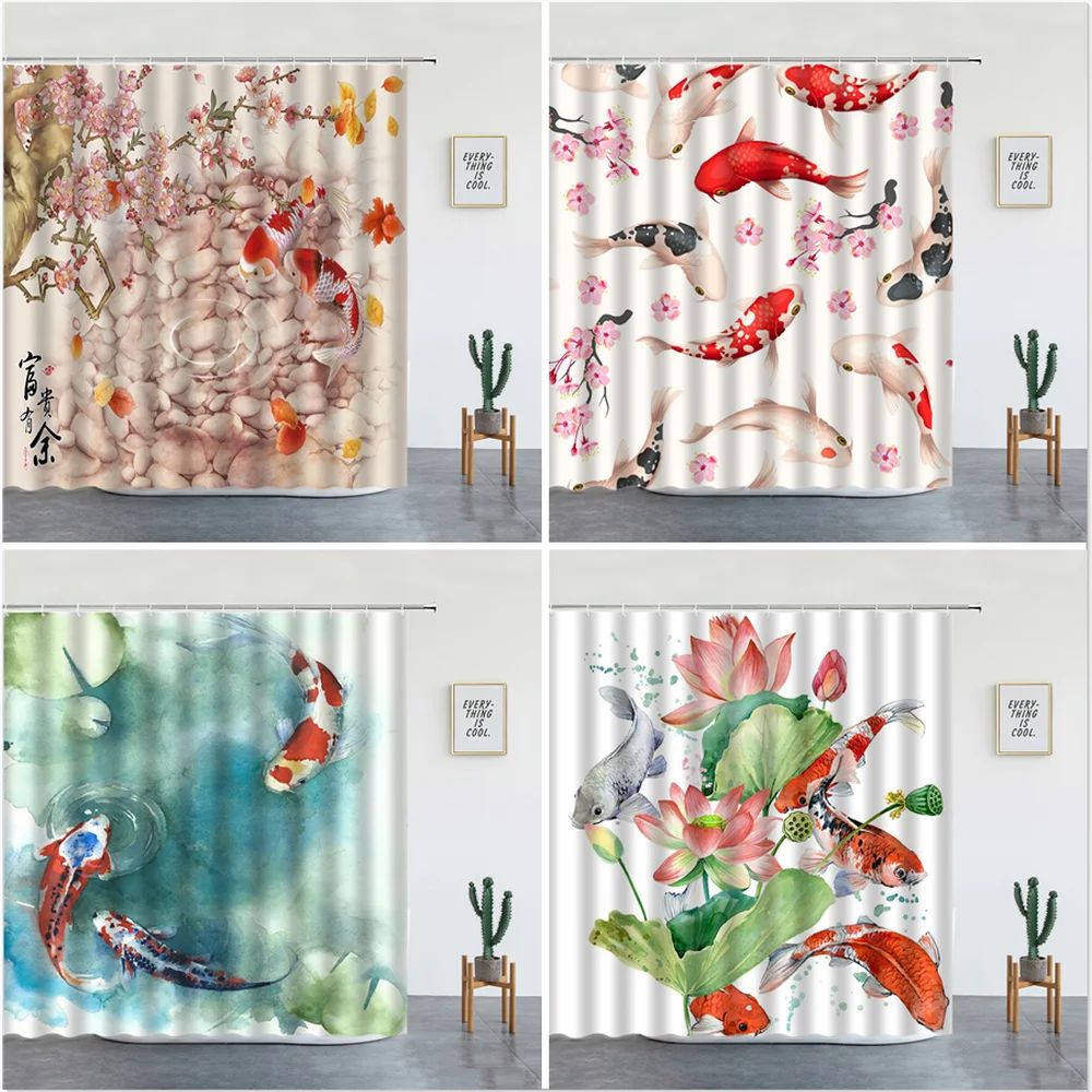 

Japanese Scenery Shower Curtains Koi Carp Fish And Cherry Blossom Watercolor Design for Bathroom Decor Set Washable Bath Screen