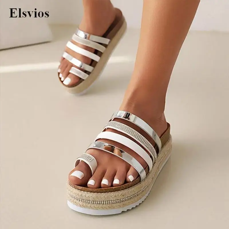 

New Summer Sandals Fashion Color Matching Toe Flip Flops For Women Casual Thick Wedege Rhinestone Roman Shoes Slipper Streetwear