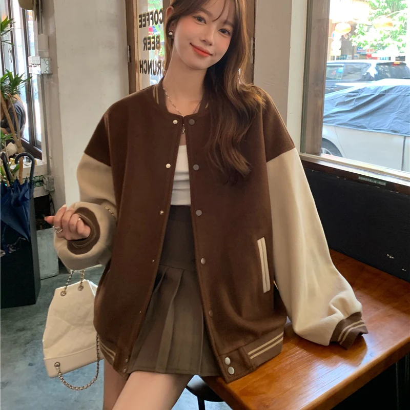 

Harajuku Baseball Jacket American Retro Baseball Jerseys Women 2022 Spring Autumn Patchwork Jacket Loose Street Couple Cothes