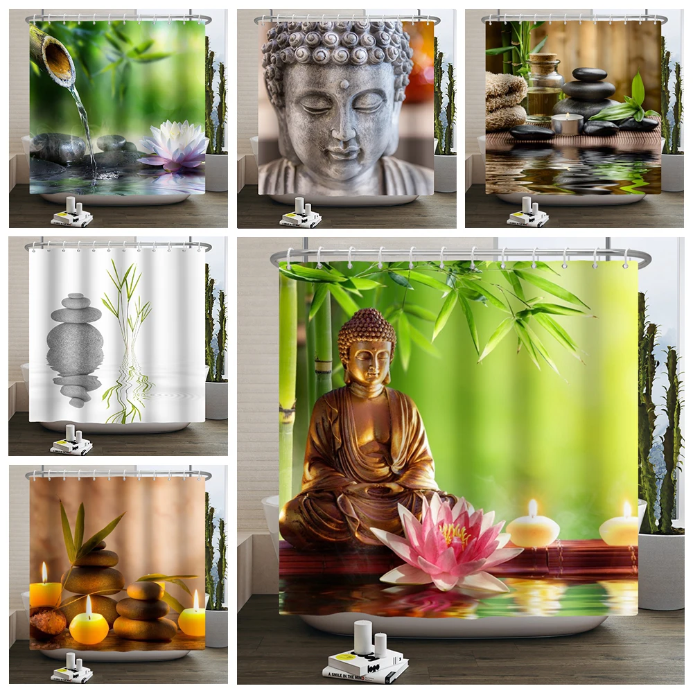 

Spa Zen Buddha Pebble Lotus Shower Curtain Rural Landscape Flower Stone Candle Green Bamboo Waterproof Fabric Bathroom Curtains
