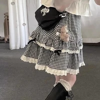 japan sweet lace plaid skirt for girls 2022 summer jk students all match mini skirt high waist folds lace up layered short skirt