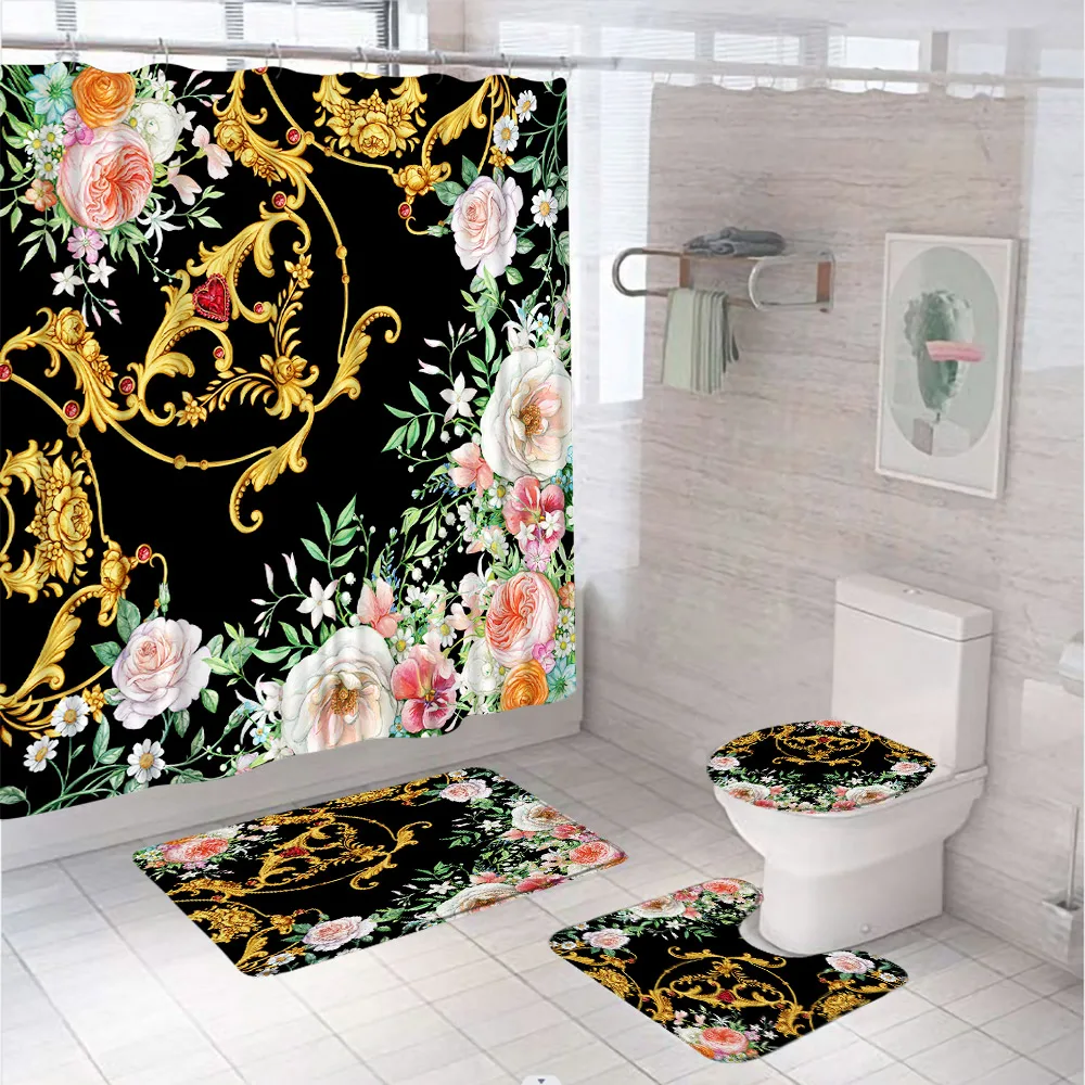 

Watercolor Flowers Shower Curtain Set Luxury European Bohemia Bathroom Curtains Non-Slip Bath Mat Pedestal Rug Lid Toilet Covers
