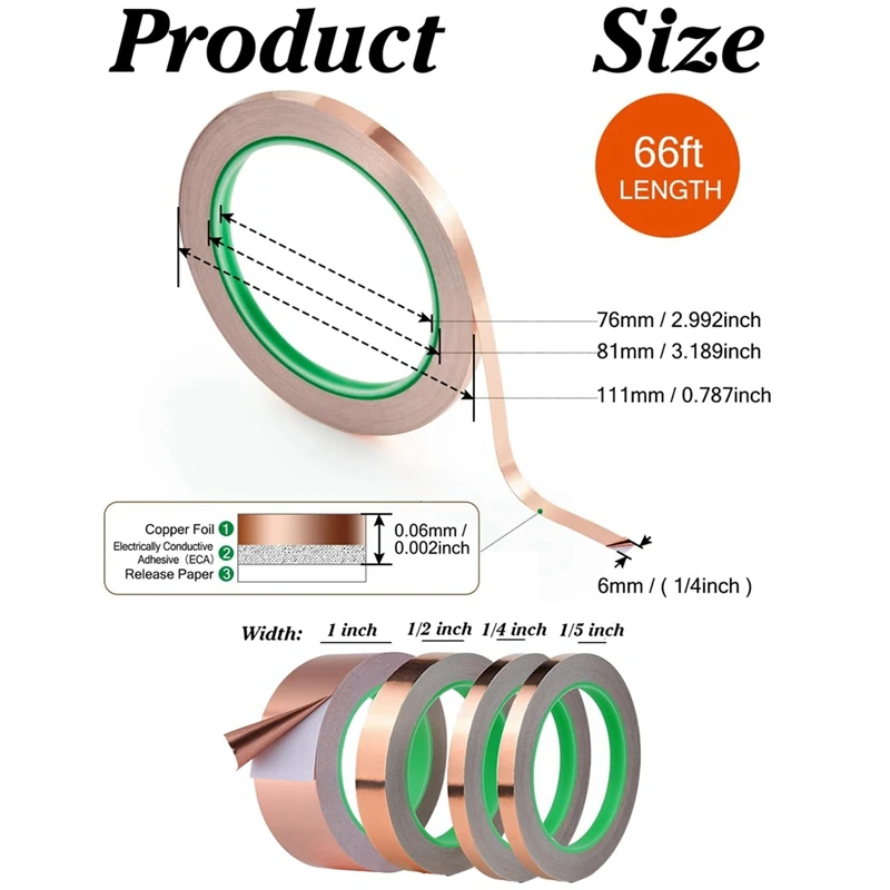 Лента из медной фольги для витражей (1 дюйм 1/2 дюйма 1/4 1/5 X 66 футов)