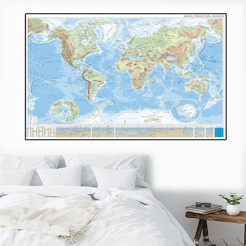 

Нетканая орографическая карта мира, Экологически чистая Картина на холсте, настенный плакат, украшение для дома, товары для учебы на испанс...