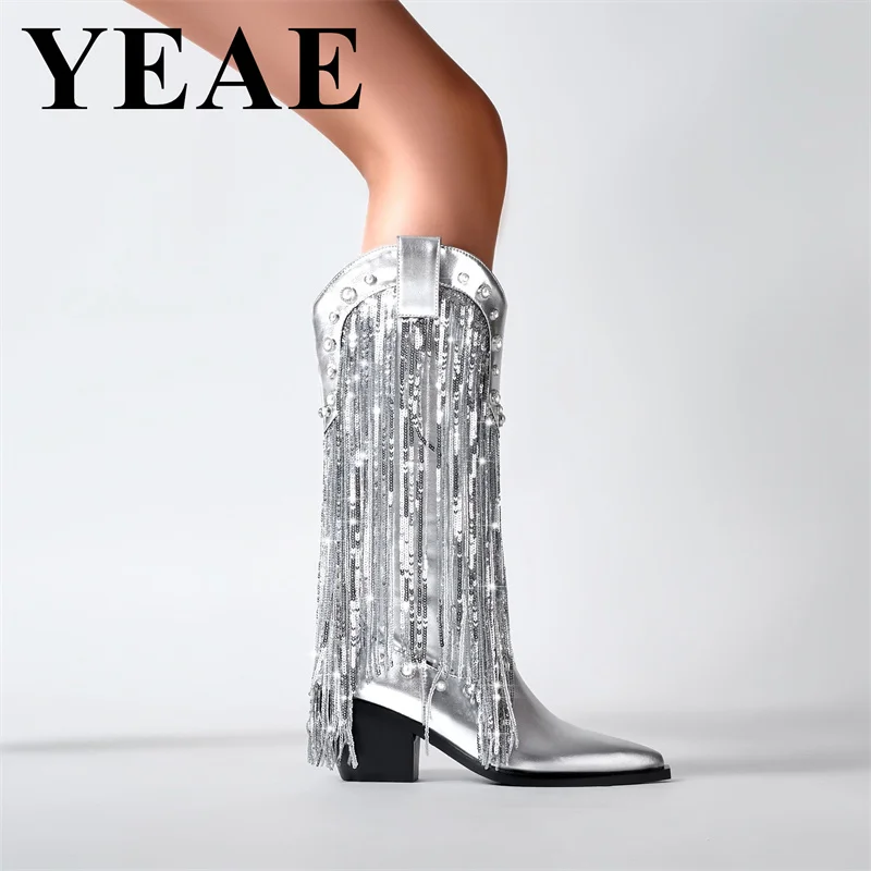 Модные женские Серебристые сапоги до колена с блестками повседневная обувь без