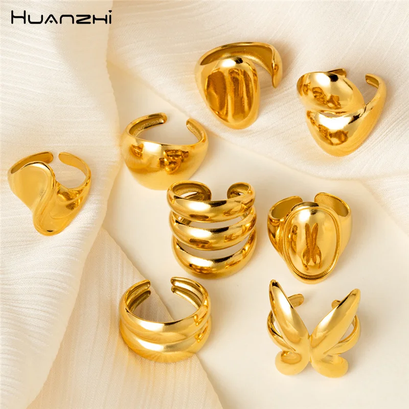 HUANZHI новый дизайн нерегулярные кольца золотого цвета из нержавеющей стали не