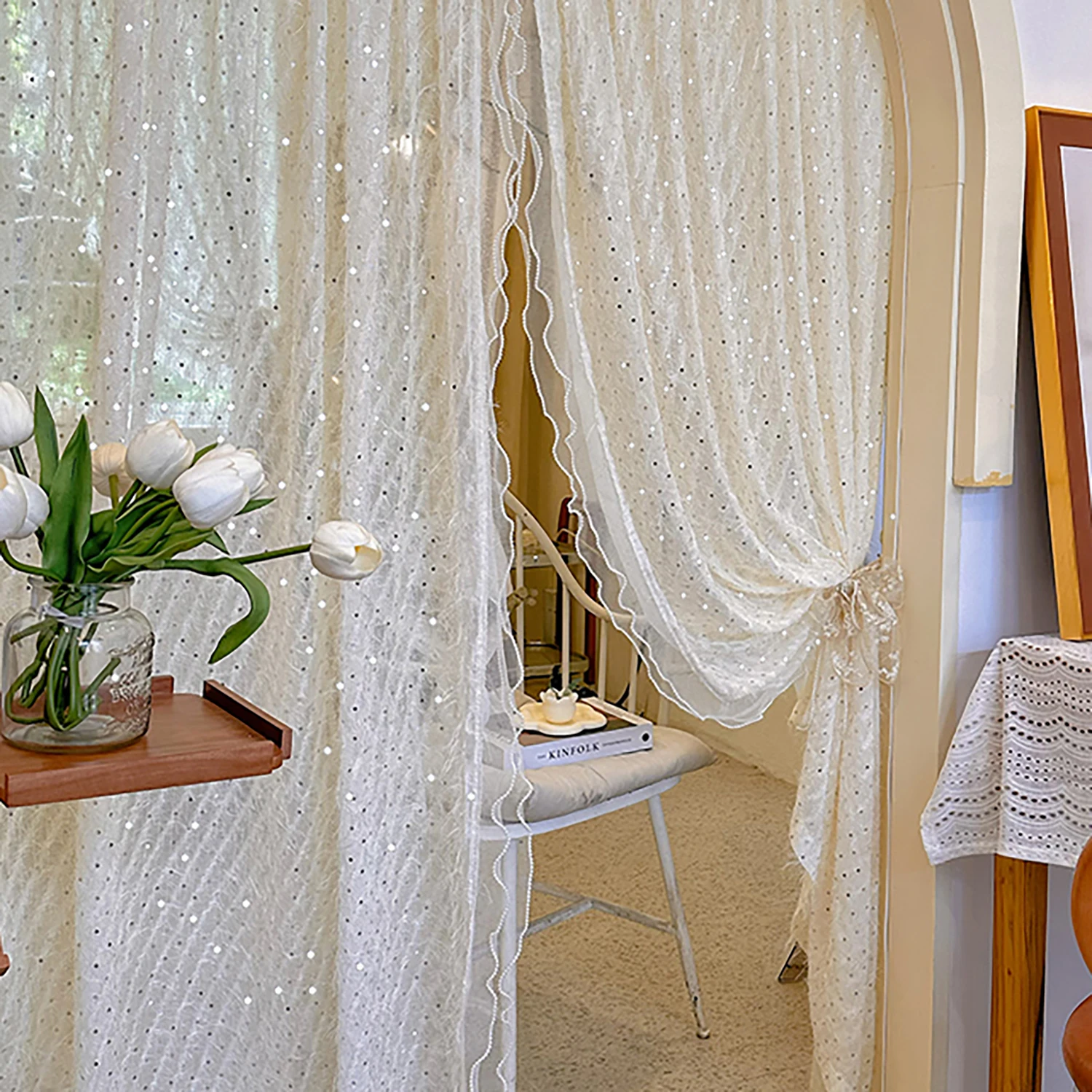 1PC Romantyczna błyszcząca przezroczysta zasłona do sypialni księżniczki luksusowa z woalu ślubna dekoracja domu # E