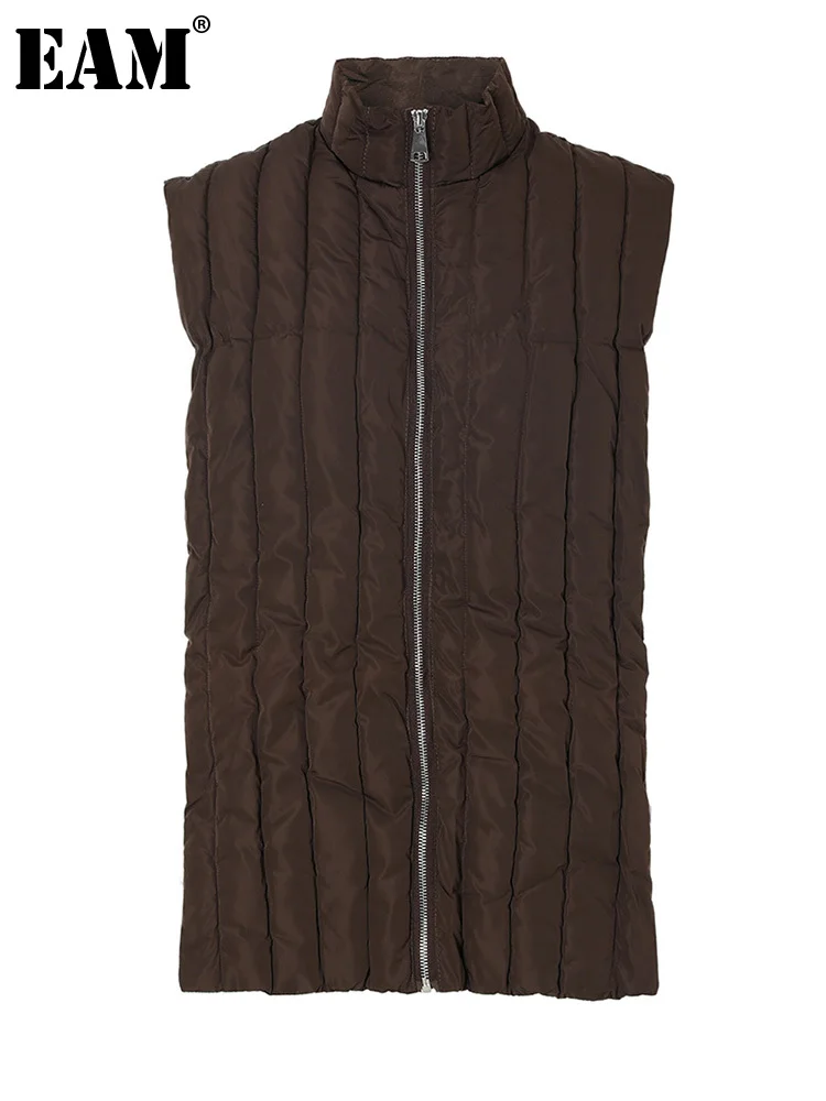 

[EAM] Women Loose Fit Brown Cotton-padded Big Size Warm Vest New Stand Collar Sleeveless Fashion Tide Autumn Winter 2023 1DF3210
