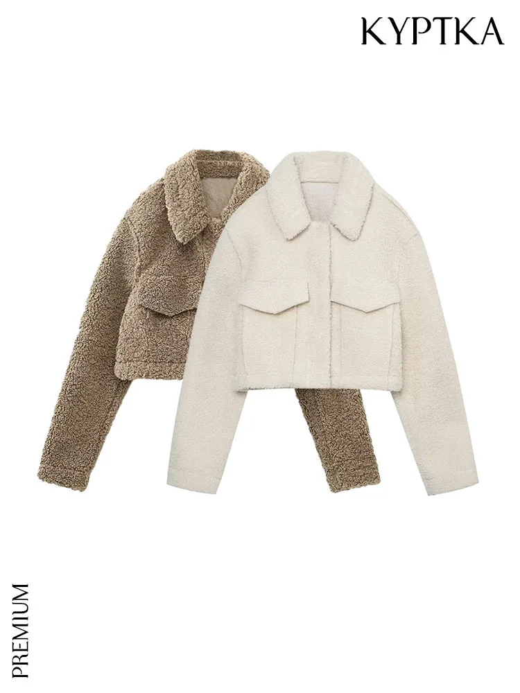 

KYPTKA Women Fashion Thick Warm Woolen Cropped Jacket Coat Vintage Long Sleeve Front Pockets Female Outerwear Chic Tops