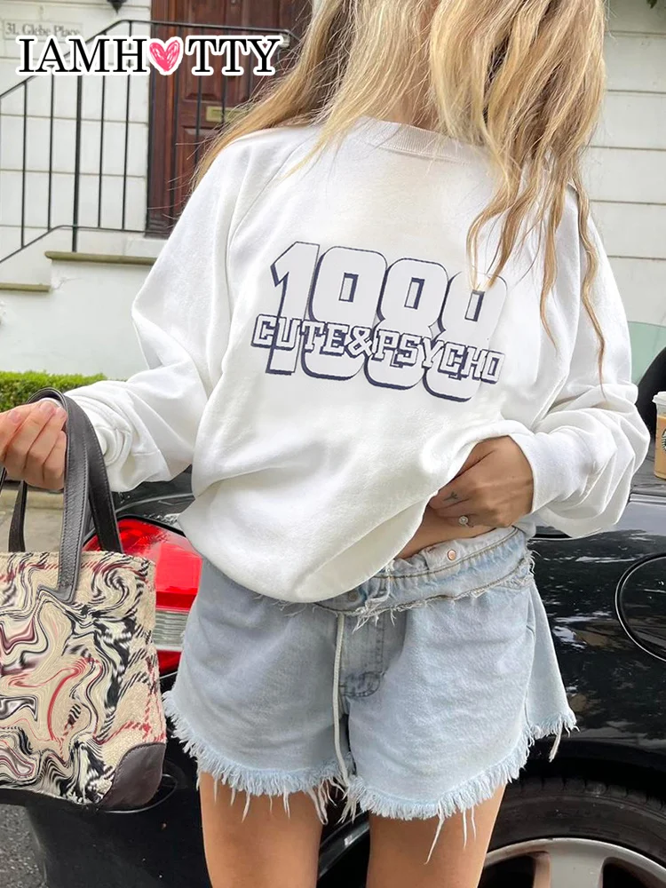 

IAMHOTTY Letter Digital Print Oversized Sweatshirt White Casual Basic Pullover Women Autumn Fashion Elegant Cute Hoodie Street