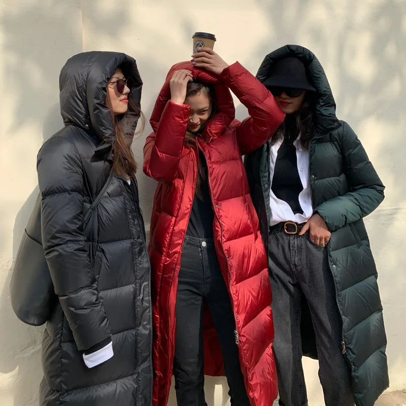 Thickened Goose Down Jacket Women's Autumn Winter Hooded Warm Long Coat Over The Knee Down Jacket Goose Down Long Coat