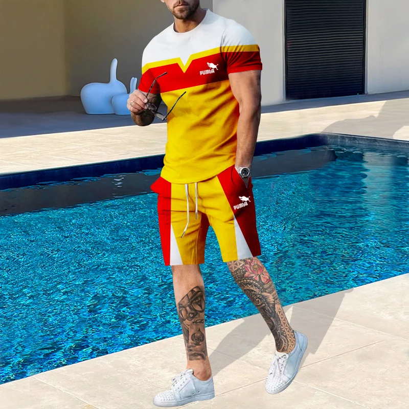 

Summer Men's New Fashion Fashion Round Neck Irregular Color Matching Print Couple T-shirt Men's Youth Fashion Casual Sports Suit