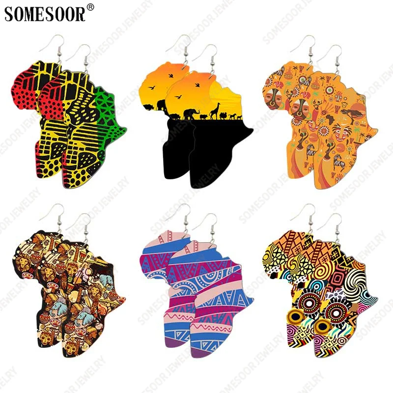 

SOMESOOR Wholesale African Map Wooden Drop Earrings For Women Gifts Afro Headwrap Ethnic Tirbal Culture Print Geometric Pendant