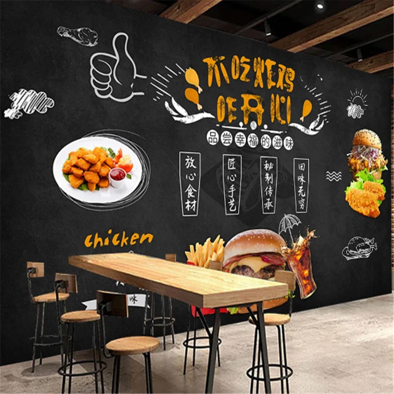 Кастомная фотообои с 3d рисунком, нарисованным вручную, для стен ресторана быстрого питания, пиццерии и гамбургерной в стиле запада, с эффектом черной доски.