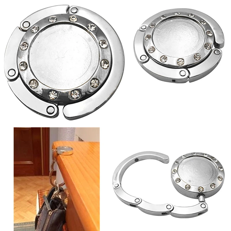 

1Pc Bag Hook Portable Folding Bag Hanger Hook Fashion Crystal Round Purse Handbag Holder Table Hook Bag Parts Accessories