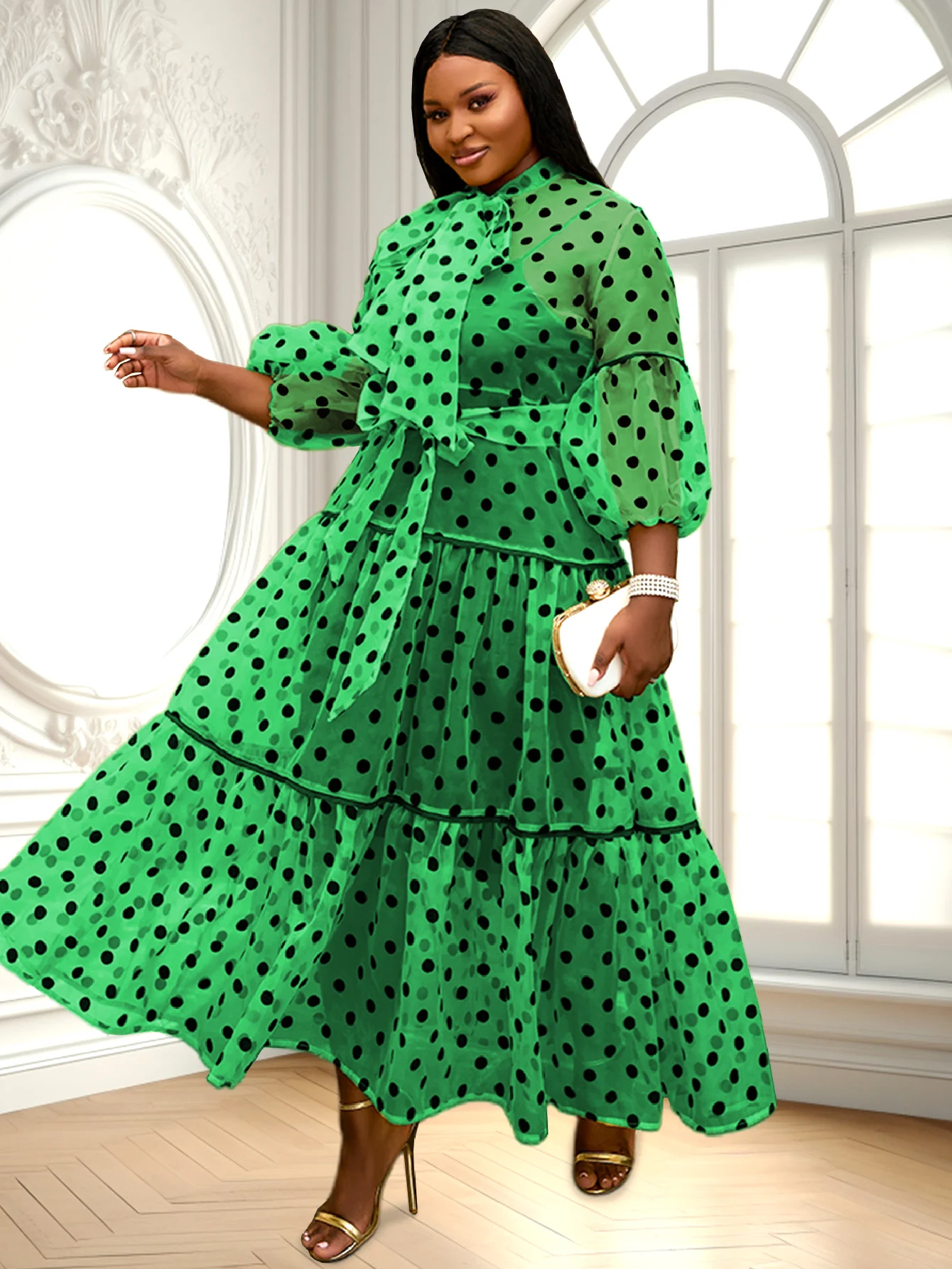 Элегантное женское длинное тюлевое свободное платье в горошек с бантом и пышными