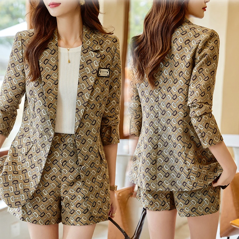 2023Spring Suit Elegant Single Breasted Slim Print Casual Blazer Jackets And Shorts Set Korean  Femme 2 Piece Sets Women Outfits