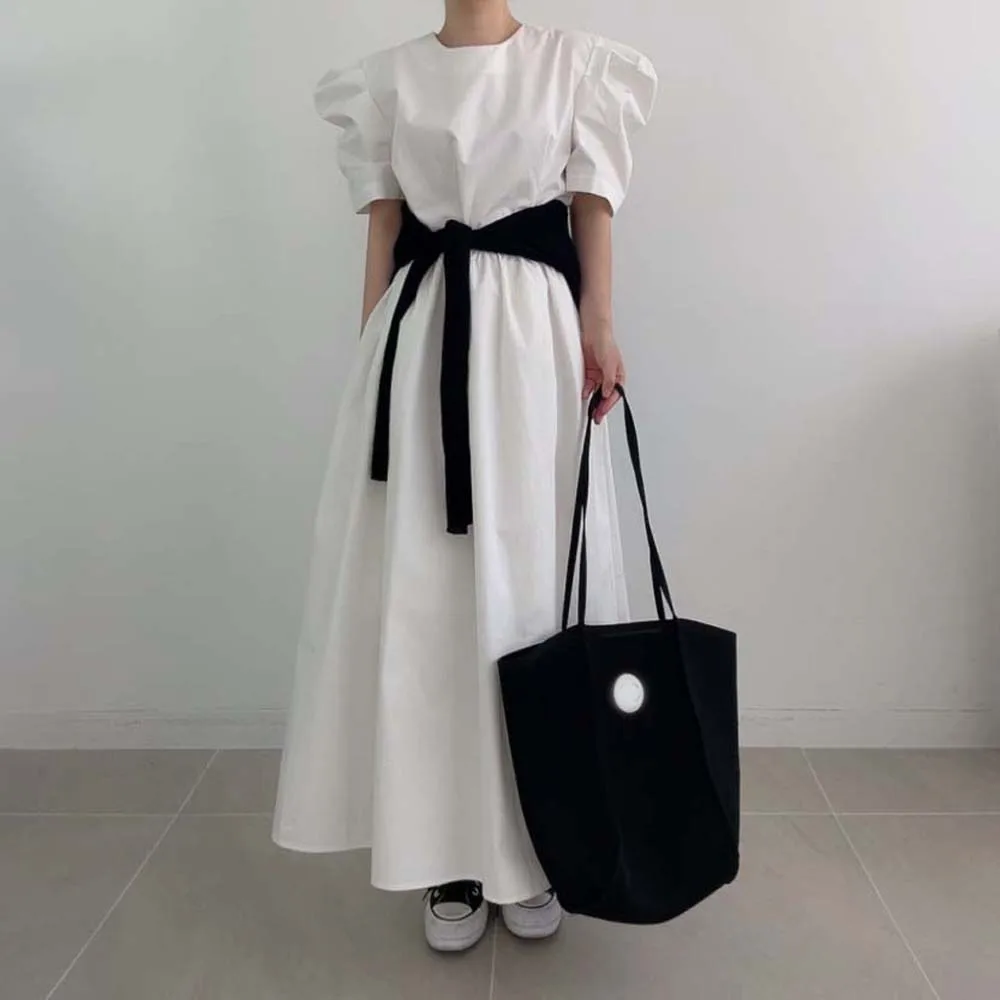 

Japanese Minimalism Style Women Dress Short Sleeve Solid Color Slim Pullover Round Neck Summer Elegant Chic Leisure A-line Dress