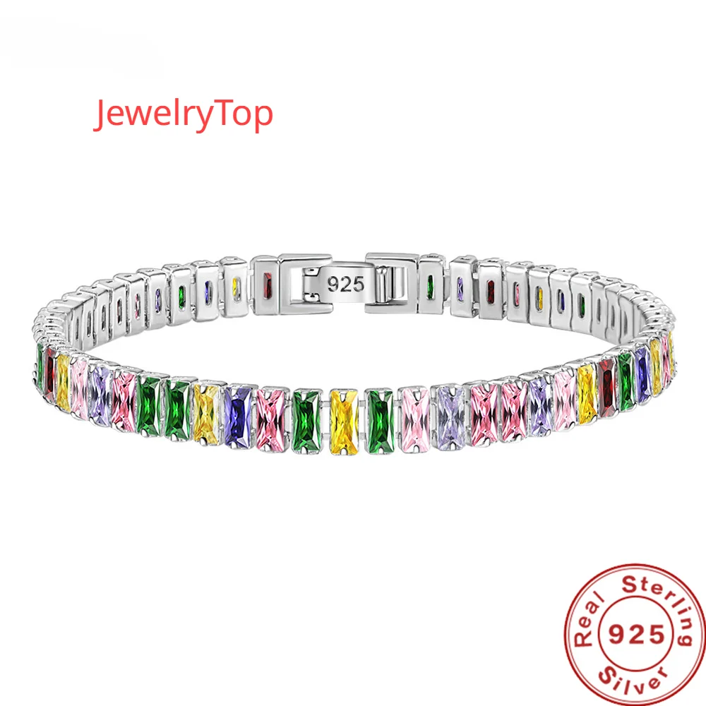 

JewelryTop 925 Sterling Silver Bracelet Chain Light Luxury Color Crystal Hand Jewelry For Women Charm Wedding Gift Party 18cm